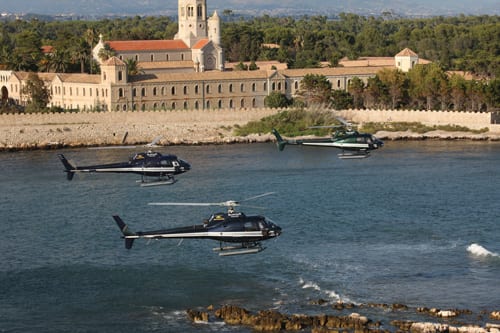 Monastery of St Honorat island and a fleet of helicopters